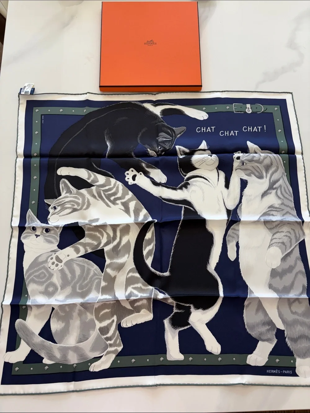 Hermes Navy Cat Print Silk Scarf with Green Border and Black, White Cats